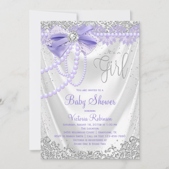 Elegant Purple Diamond Pearl Girly Baby Shower Invitation (Front)