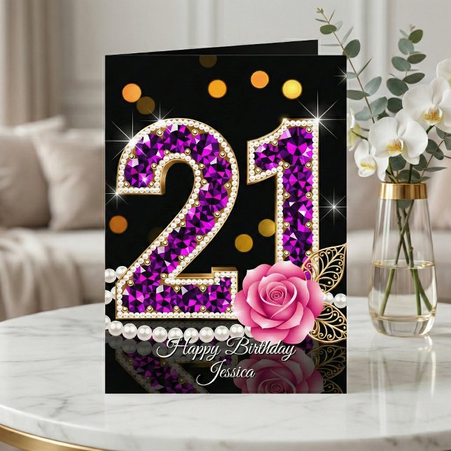 Elegant Purple Diamond Pearl Rose 21st Birthday Card (Creator Uploaded)