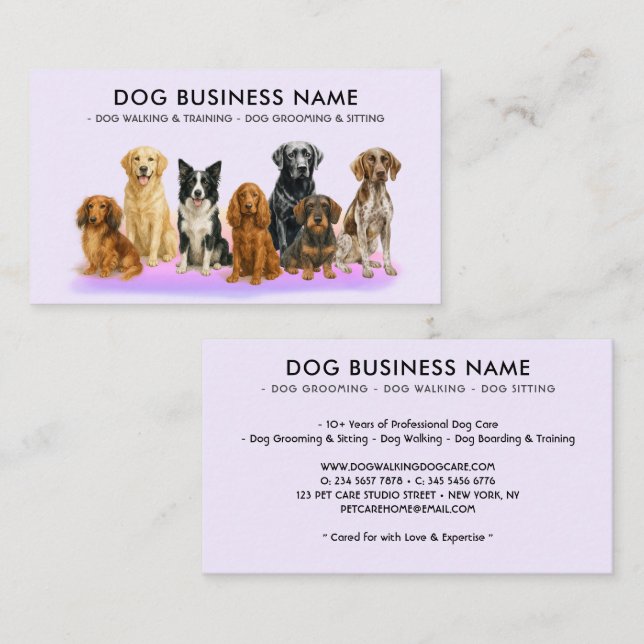 Elegant Purple Dog Pet Groomer Business Card (Front/Back)