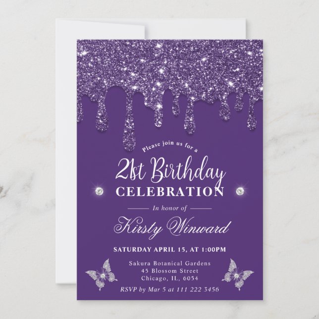 Elegant Purple Dripping Glitter 21st Birthday Invitation (Front)