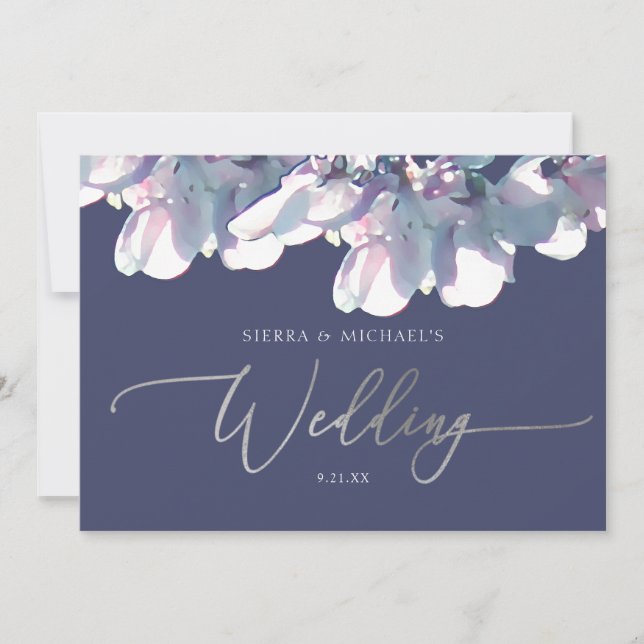 Elegant Purple Dusty Blue Silver Floral Wedding Invitation (Front)
