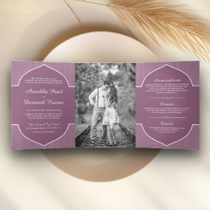 Elegant Purple Ethnic Indian Arch Wedding Photo Tri-Fold Invitation
