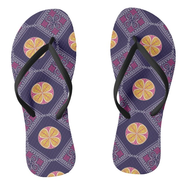 Elegant Purple Fabric with Yellow Floral Pattern Flip Flops (Footbed)