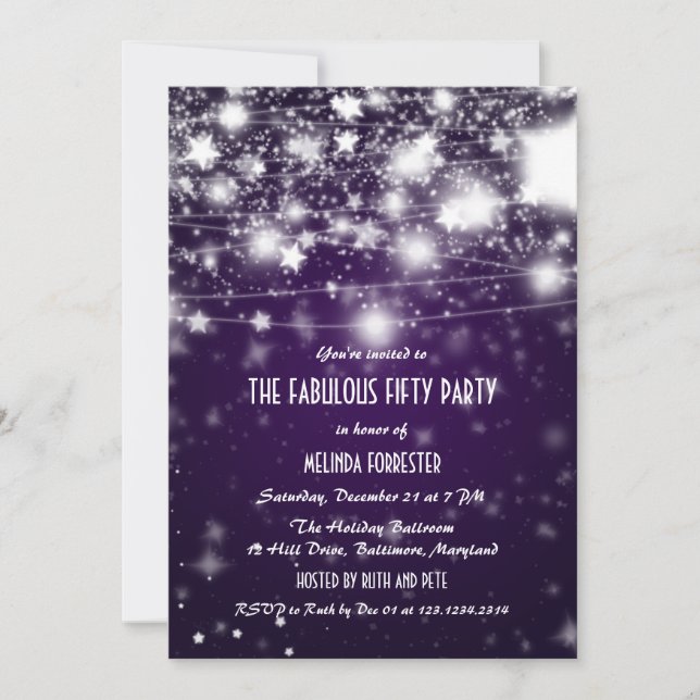 Elegant Purple Fabulous Fifty Party Shining Stars Invitation (Front)