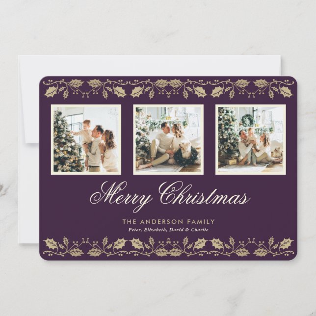 Elegant Purple Family 3 Photo Merry Christmas Card (Front)