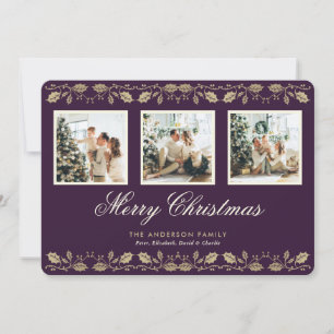 Elegant Purple Family 3 Photo Merry Christmas Holiday Card
