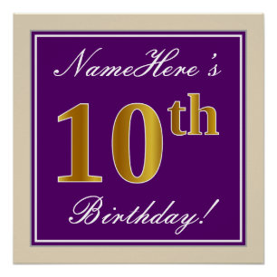 Elegant, Purple, Faux Gold 10th Birthday + Name Poster