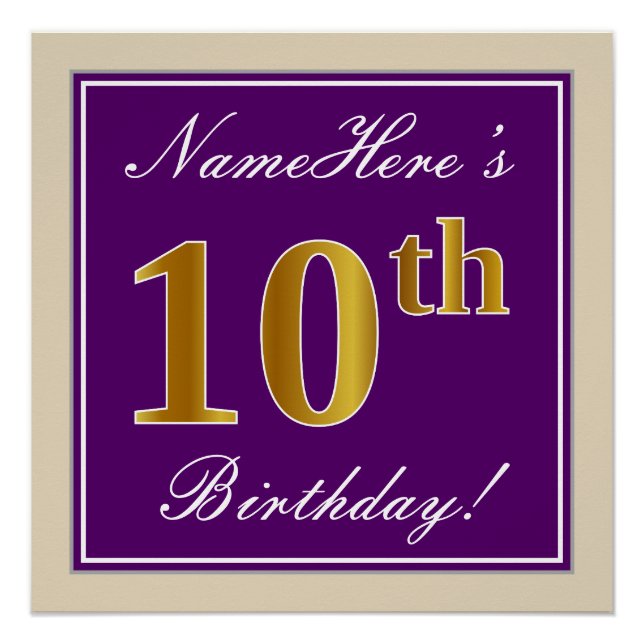 Elegant, Purple, Faux Gold 10th Birthday + Name Poster (Front)