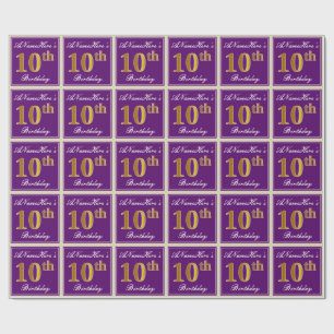Elegant, Purple, Faux Gold 10th Birthday + Name Wrapping Paper