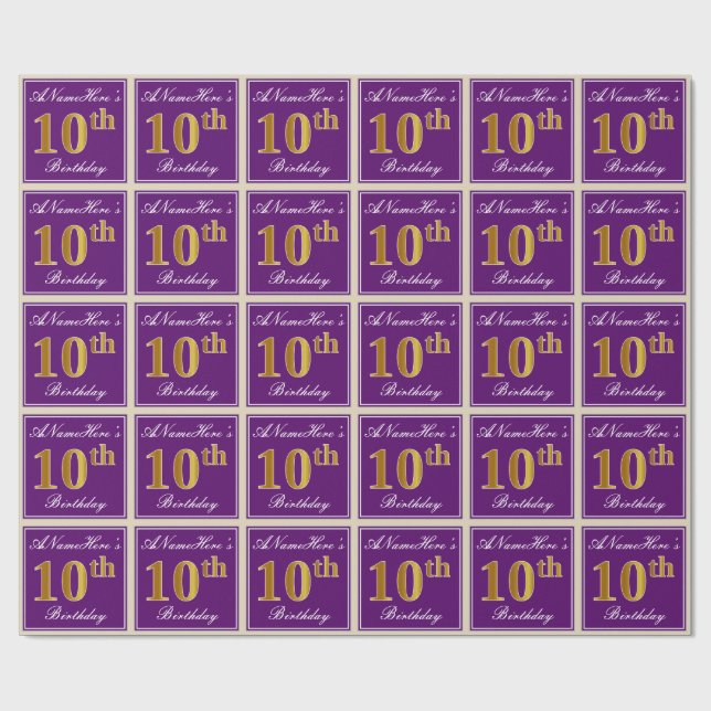 Elegant, Purple, Faux Gold 10th Birthday + Name Wrapping Paper (Flat)