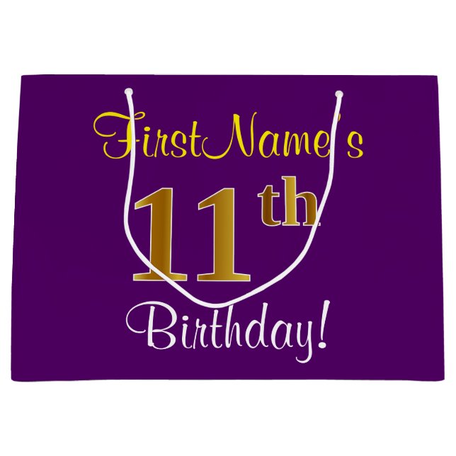 Elegant, Purple, Faux Gold 11th Birthday + Name Large Gift Bag (Front)