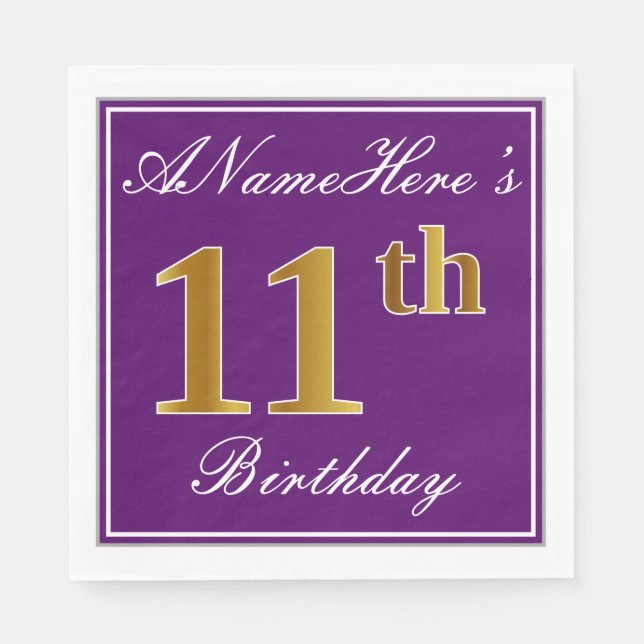 Elegant Purple, Faux Gold 11th Birthday + Name Napkin (Front)