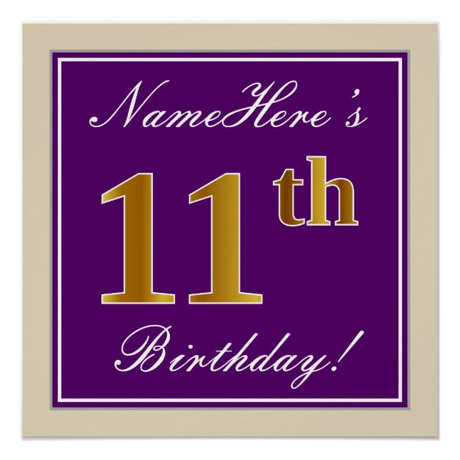 Elegant, Purple, Faux Gold 11th Birthday + Name Poster (Front)