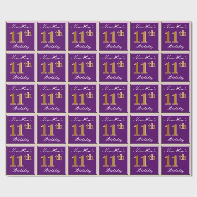 Elegant, Purple, Faux Gold 11th Birthday + Name Wrapping Paper (Flat)