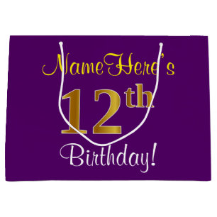 Elegant, Purple, Faux Gold 12th Birthday + Name Large Gift Bag