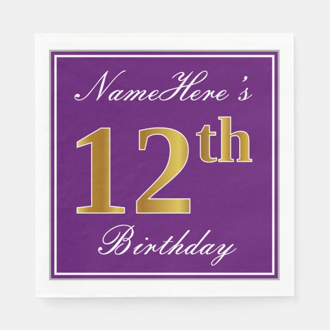 Elegant Purple, Faux Gold 12th Birthday + Name Napkin (Front)