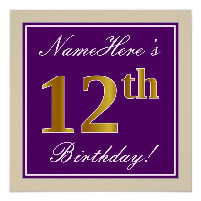 Elegant, Purple, Faux Gold 12th Birthday + Name Poster (Front)