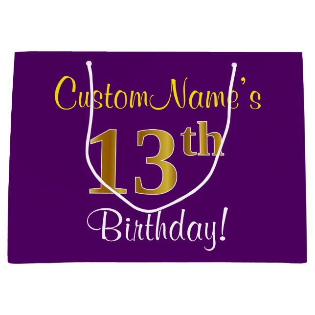 Elegant, Purple, Faux Gold 13th Birthday + Name Large Gift Bag (Front)