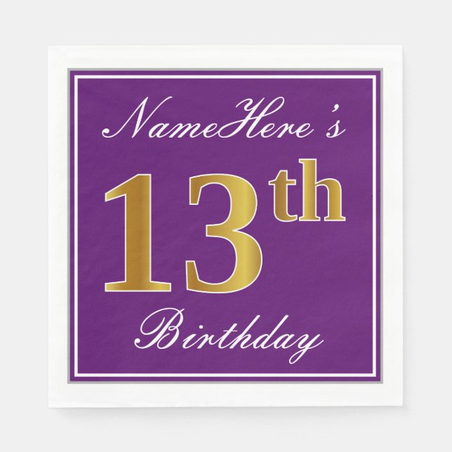 Elegant Purple, Faux Gold 13th Birthday + Name Napkin (Front)