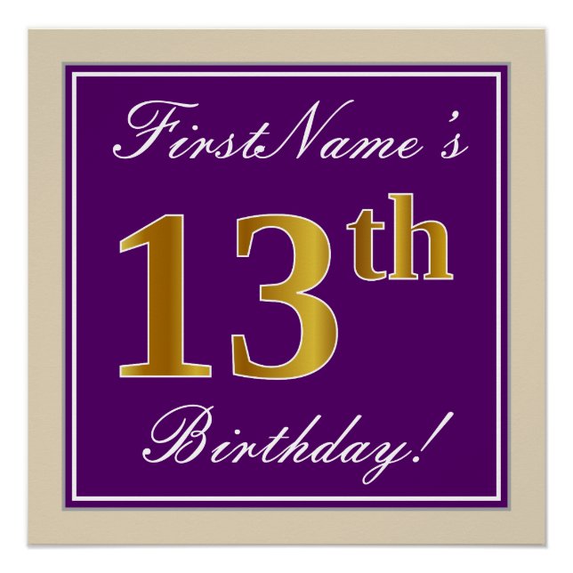 Elegant, Purple, Faux Gold 13th Birthday + Name Poster (Front)