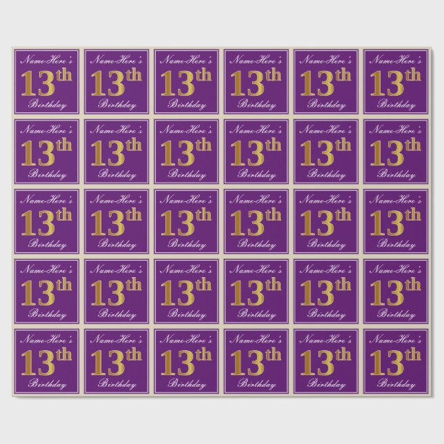 Elegant, Purple, Faux Gold 13th Birthday + Name Wrapping Paper (Flat)