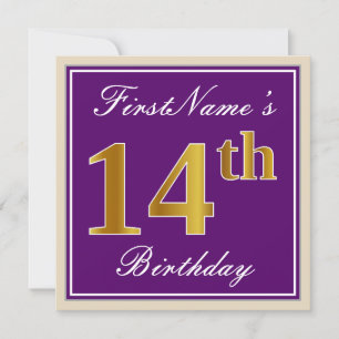 Elegant, Purple, Faux Gold 14th Birthday + Name Invitation