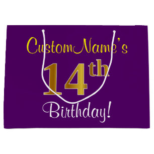 Elegant, Purple, Faux Gold 14th Birthday + Name Large Gift Bag