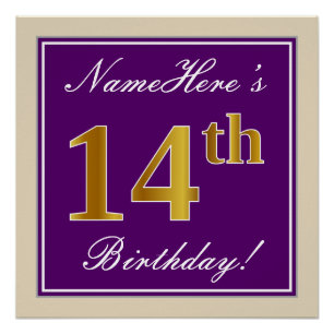 Elegant, Purple, Faux Gold 14th Birthday + Name Poster