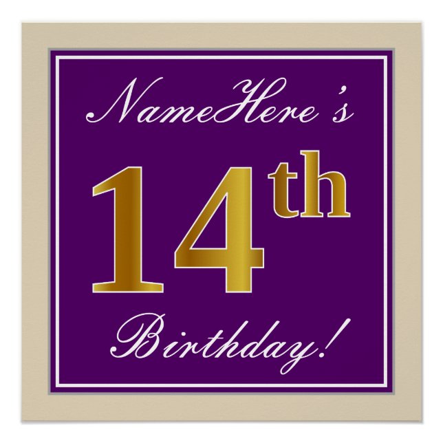 Elegant, Purple, Faux Gold 14th Birthday + Name Poster (Front)