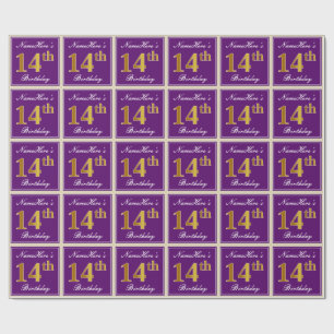 Elegant, Purple, Faux Gold 14th Birthday + Name Wrapping Paper