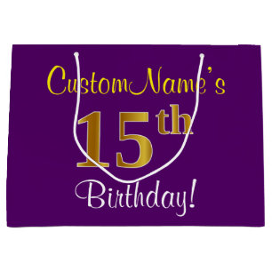 Elegant, Purple, Faux Gold 15th Birthday + Name Large Gift Bag