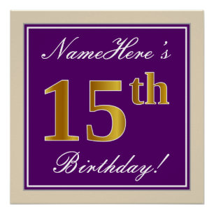 Elegant, Purple, Faux Gold 15th Birthday + Name Poster