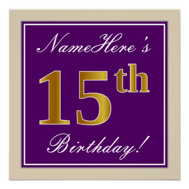 Elegant, Purple, Faux Gold 15th Birthday + Name Poster (Front)