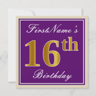 Elegant, Purple, Faux Gold 16th Birthday + Name Invitation