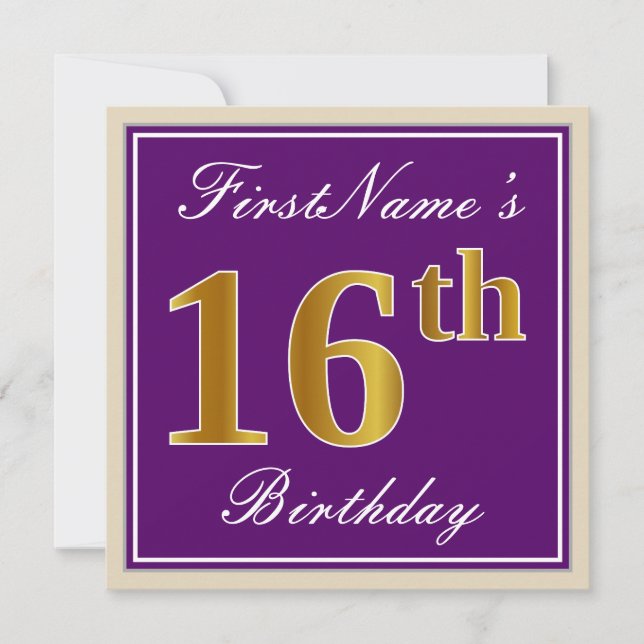 Elegant, Purple, Faux Gold 16th Birthday + Name Invitation (Front)