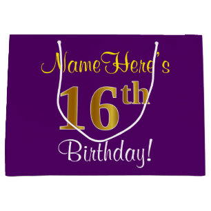 Elegant, Purple, Faux Gold 16th Birthday + Name Large Gift Bag