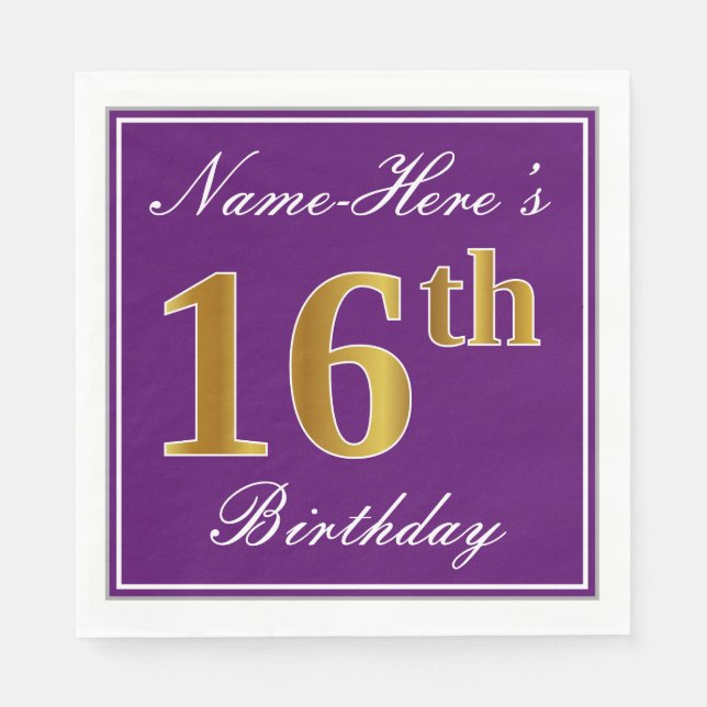 Elegant Purple, Faux Gold 16th Birthday + Name Napkin (Front)