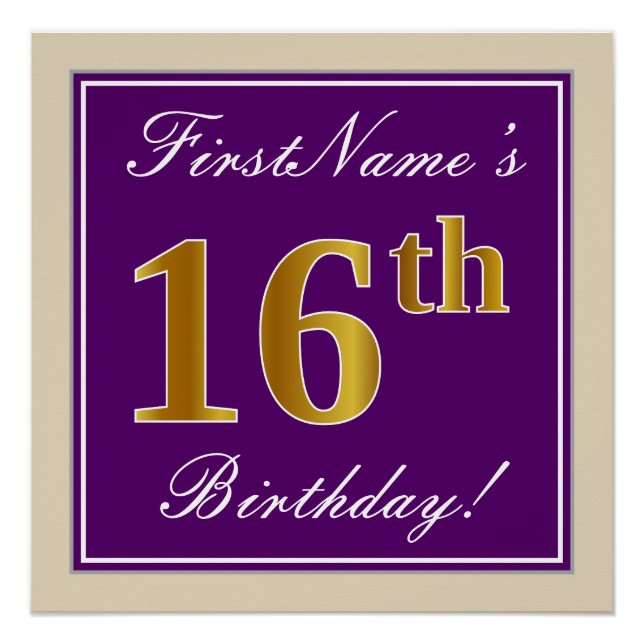 Elegant, Purple, Faux Gold 16th Birthday + Name Poster (Front)
