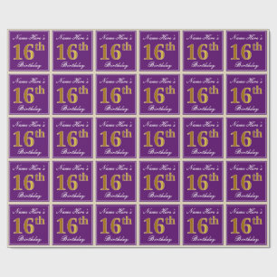 Elegant, Purple, Faux Gold 16th Birthday + Name Wrapping Paper