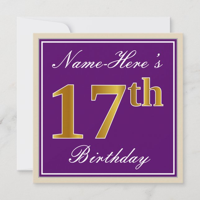 Elegant, Purple, Faux Gold 17th Birthday + Name Invitation (Front)