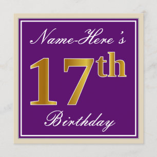 Elegant, Purple, Faux Gold 17th Birthday + Name Invitation