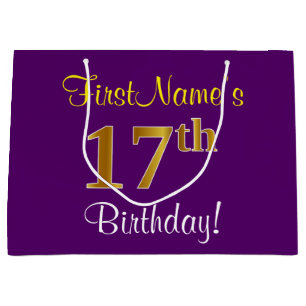 Elegant, Purple, Faux Gold 17th Birthday + Name Large Gift Bag