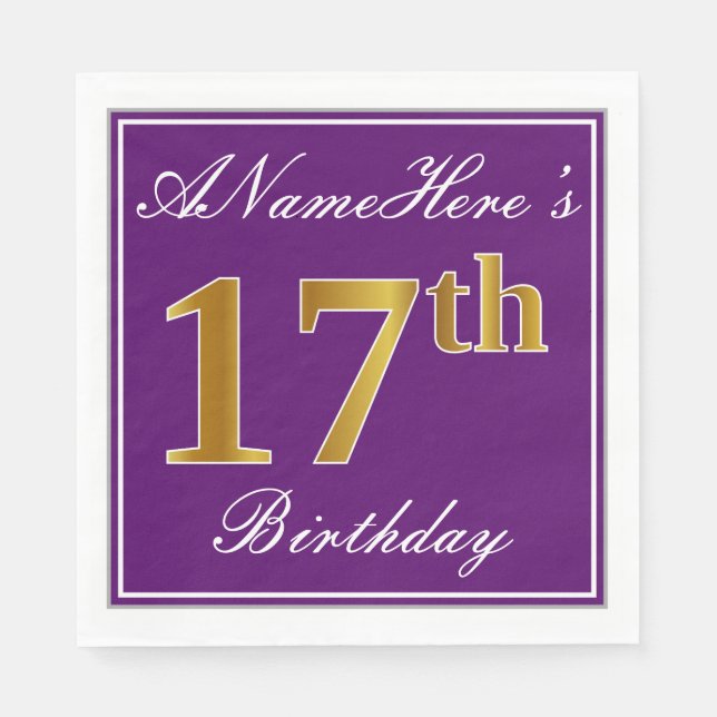 Elegant Purple, Faux Gold 17th Birthday + Name Napkin (Front)