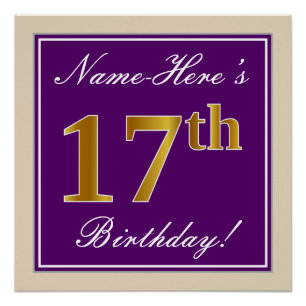 Elegant, Purple, Faux Gold 17th Birthday + Name Poster