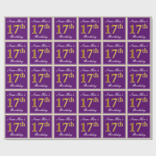 Elegant, Purple, Faux Gold 17th Birthday + Name Wrapping Paper