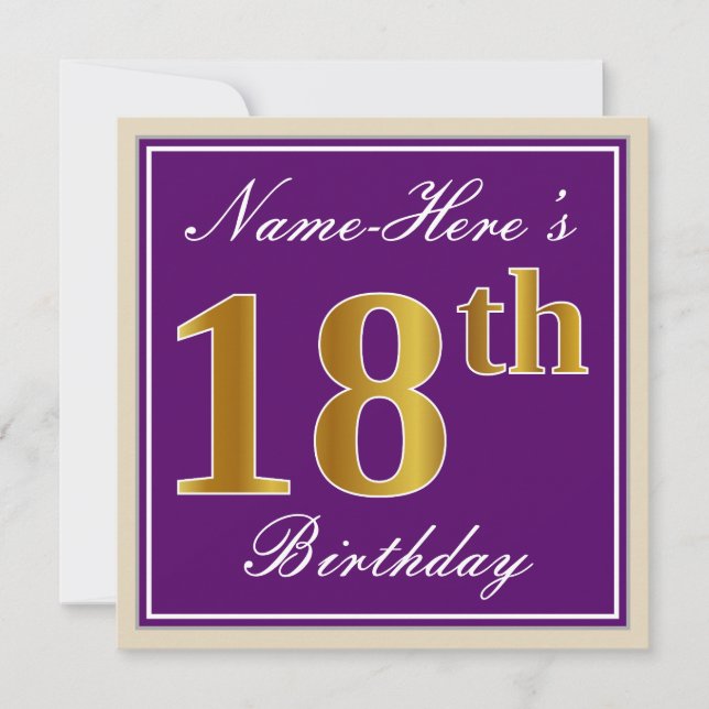 Elegant, Purple, Faux Gold 18th Birthday + Name Invitation (Front)