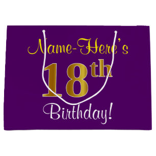 Elegant, Purple, Faux Gold 18th Birthday + Name Large Gift Bag