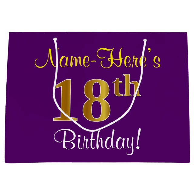 Elegant, Purple, Faux Gold 18th Birthday + Name Large Gift Bag (Front)