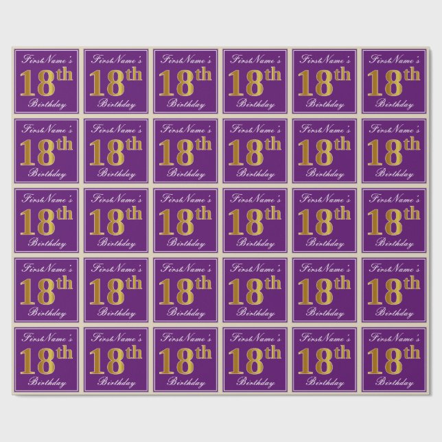 Elegant, Purple, Faux Gold 18th Birthday + Name Wrapping Paper (Flat)