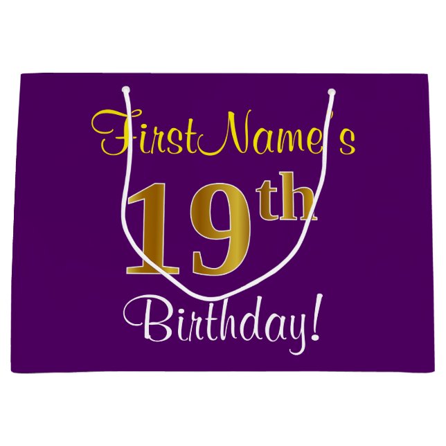 Elegant, Purple, Faux Gold 19th Birthday + Name Large Gift Bag (Front)